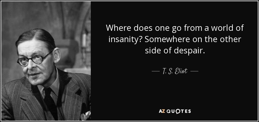 Where does one go from a world of insanity? Somewhere on the other side of despair. - T. S. Eliot