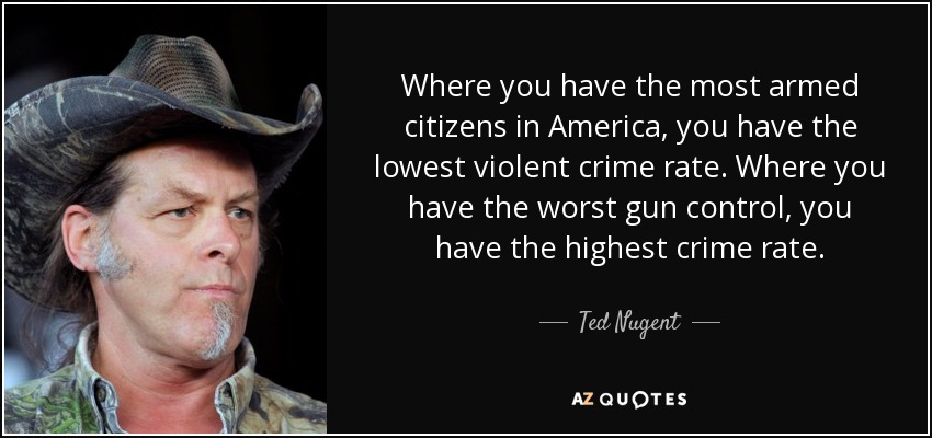 Where you have the most armed citizens in America, you have the lowest violent crime rate. Where you have the worst gun control, you have the highest crime rate. - Ted Nugent