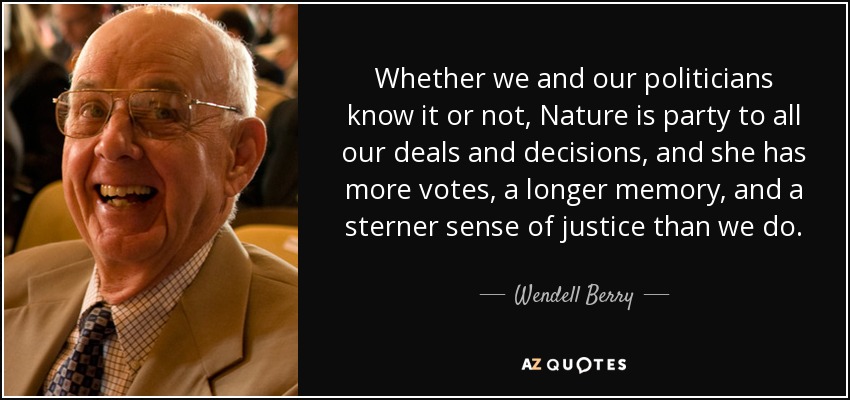 Whether we and our politicians know it or not, Nature is party to all our deals and decisions, and she has more votes, a longer memory, and a sterner sense of justice than we do. - Wendell Berry