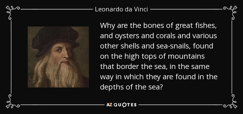 Why are the bones of great fishes, and oysters and corals and various other shells and sea-snails, found on the high tops of mountains that border the sea, in the same way in which they are found in the depths of the sea? - Leonardo da Vinci
