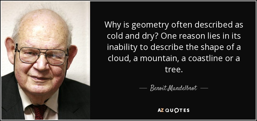 Why is geometry often described as cold and dry? One reason lies in its inability to describe the shape of a cloud, a mountain, a coastline or a tree. - Benoit Mandelbrot