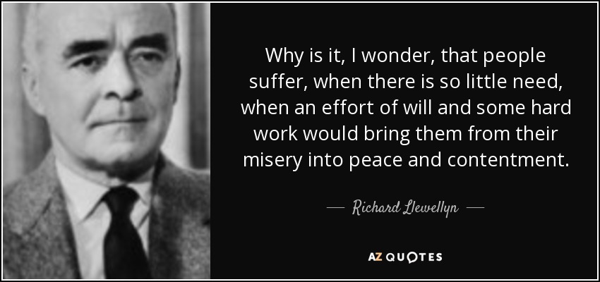 Why is it, I wonder, that people suffer, when there is so little need, when an effort of will and some hard work would bring them from their misery into peace and contentment. - Richard Llewellyn