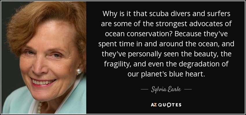 Why is it that scuba divers and surfers are some of the strongest advocates of ocean conservation? Because they've spent time in and around the ocean, and they've personally seen the beauty, the fragility, and even the degradation of our planet's blue heart. - Sylvia Earle