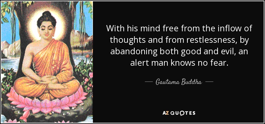 With his mind free from the inflow of thoughts and from restlessness, by abandoning both good and evil, an alert man knows no fear. - Gautama Buddha