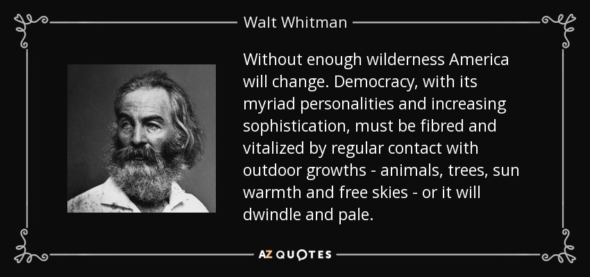 Without enough wilderness America will change. Democracy, with its myriad personalities and increasing sophistication, must be fibred and vitalized by regular contact with outdoor growths - animals, trees, sun warmth and free skies - or it will dwindle and pale. - Walt Whitman