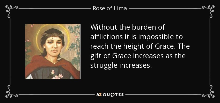 Without the burden of afflictions it is impossible to reach the height of Grace. The gift of Grace increases as the struggle increases. - Rose of Lima