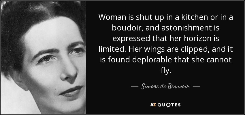 Woman is shut up in a kitchen or in a boudoir, and astonishment is expressed that her horizon is limited. Her wings are clipped, and it is found deplorable that she cannot fly. - Simone de Beauvoir