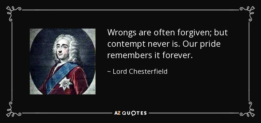 Wrongs are often forgiven; but contempt never is. Our pride remembers it forever. - Lord Chesterfield