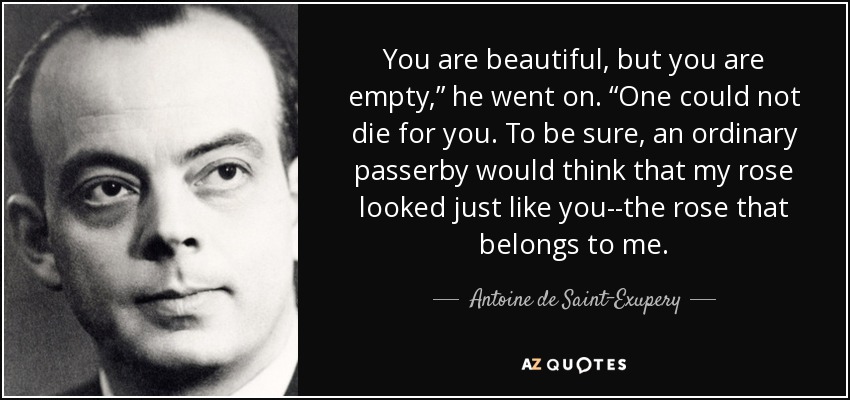 You are beautiful, but you are empty,” he went on. “One could not die for you. To be sure, an ordinary passerby would think that my rose looked just like you--the rose that belongs to me. - Antoine de Saint-Exupery