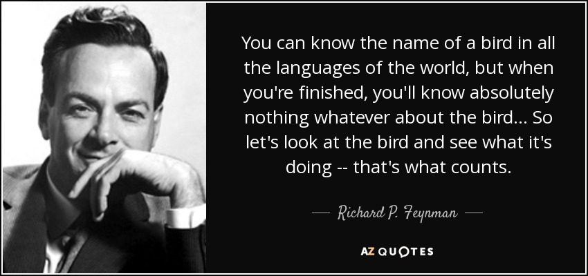 You can know the name of a bird in all the languages of the world, but when you're finished, you'll know absolutely nothing whatever about the bird... So let's look at the bird and see what it's doing -- that's what counts. - Richard P. Feynman