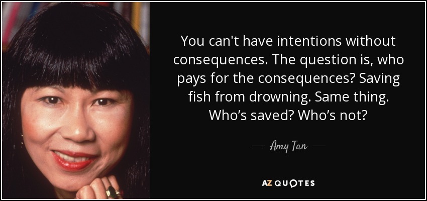 You can't have intentions without consequences. The question is, who pays for the consequences? Saving fish from drowning. Same thing. Who’s saved? Who’s not? - Amy Tan