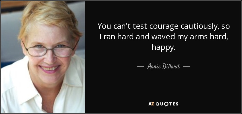 You can't test courage cautiously, so I ran hard and waved my arms hard, happy. - Annie Dillard