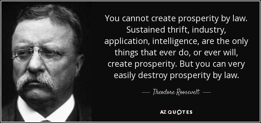 You cannot create prosperity by law. Sustained thrift, industry, application, intelligence, are the only things that ever do, or ever will, create prosperity. But you can very easily destroy prosperity by law. - Theodore Roosevelt