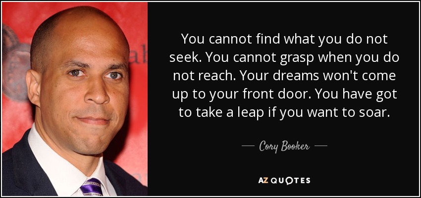 You cannot find what you do not seek. You cannot grasp when you do not reach. Your dreams won't come up to your front door. You have got to take a leap if you want to soar. - Cory Booker