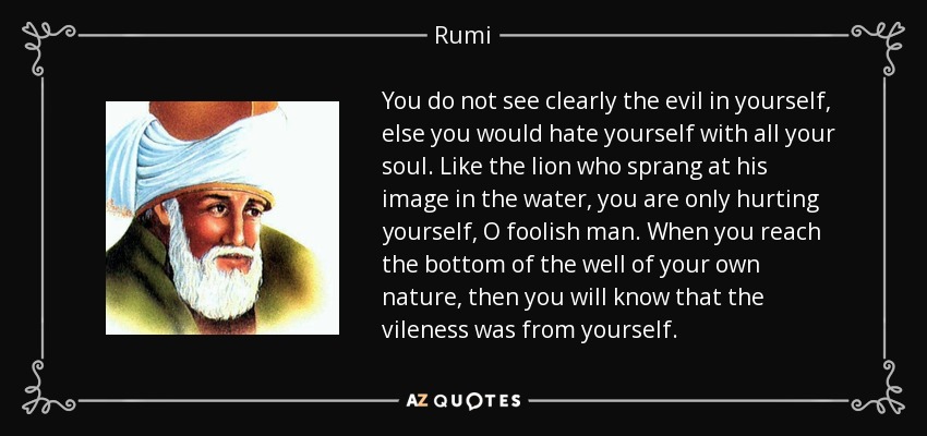 You do not see clearly the evil in yourself, else you would hate yourself with all your soul. Like the lion who sprang at his image in the water, you are only hurting yourself, O foolish man. When you reach the bottom of the well of your own nature, then you will know that the vileness was from yourself. - Rumi