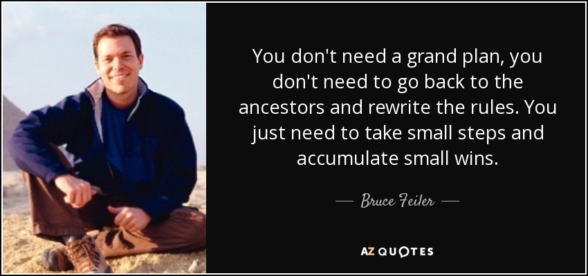 You don't need a grand plan, you don't need to go back to the ancestors and rewrite the rules. You just need to take small steps and accumulate small wins. - Bruce Feiler