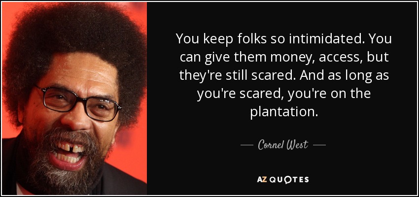 You keep folks so intimidated. You can give them money, access, but they're still scared. And as long as you're scared, you're on the plantation. - Cornel West