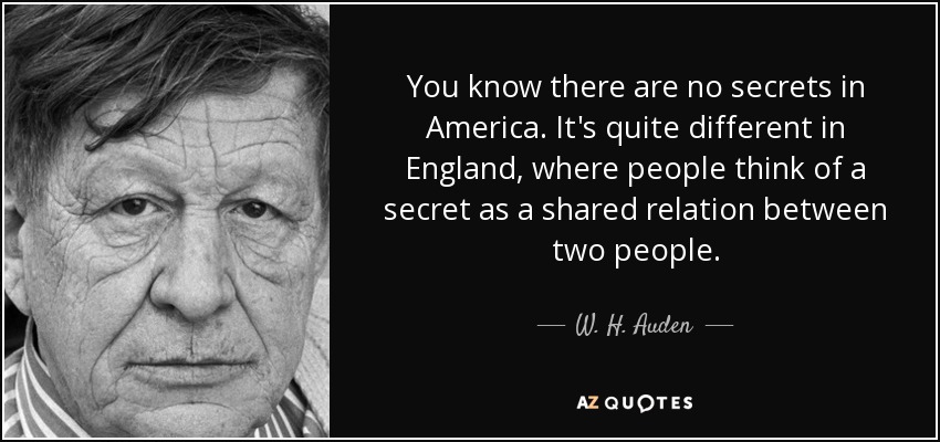 You know there are no secrets in America. It's quite different in England, where people think of a secret as a shared relation between two people. - W. H. Auden