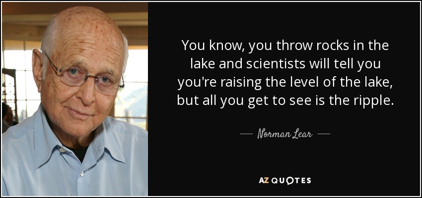 You know, you throw rocks in the lake and scientists will tell you you're raising the level of the lake, but all you get to see is the ripple. - Norman Lear