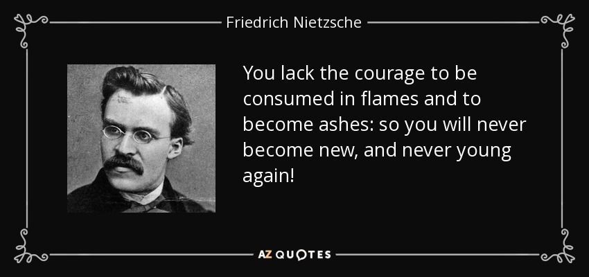 You lack the courage to be consumed in flames and to become ashes: so you will never become new, and never young again! - Friedrich Nietzsche