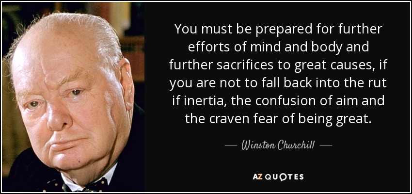 You must be prepared for further efforts of mind and body and further sacrifices to great causes, if you are not to fall back into the rut if inertia, the confusion of aim and the craven fear of being great. - Winston Churchill
