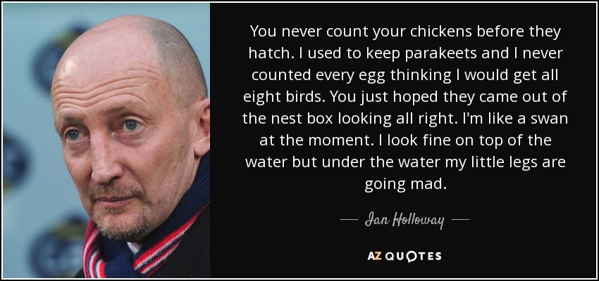 You never count your chickens before they hatch. I used to keep parakeets and I never counted every egg thinking I would get all eight birds. You just hoped they came out of the nest box looking all right. I'm like a swan at the moment. I look fine on top of the water but under the water my little legs are going mad. - Ian Holloway