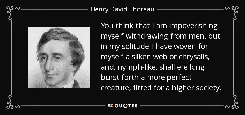 You think that I am impoverishing myself withdrawing from men, but in my solitude I have woven for myself a silken web or chrysalis, and, nymph-like, shall ere long burst forth a more perfect creature, fitted for a higher society. - Henry David Thoreau