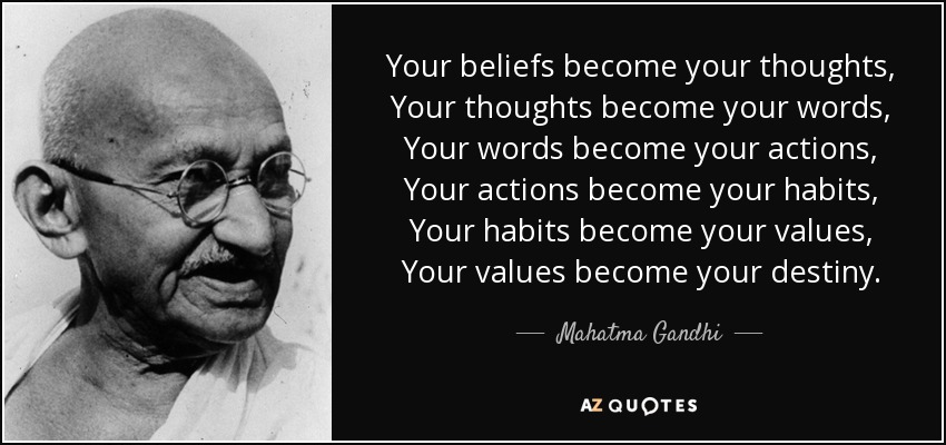 Your beliefs become your thoughts, Your thoughts become your words, Your words become your actions, Your actions become your habits, Your habits become your values, Your values become your destiny. - Mahatma Gandhi