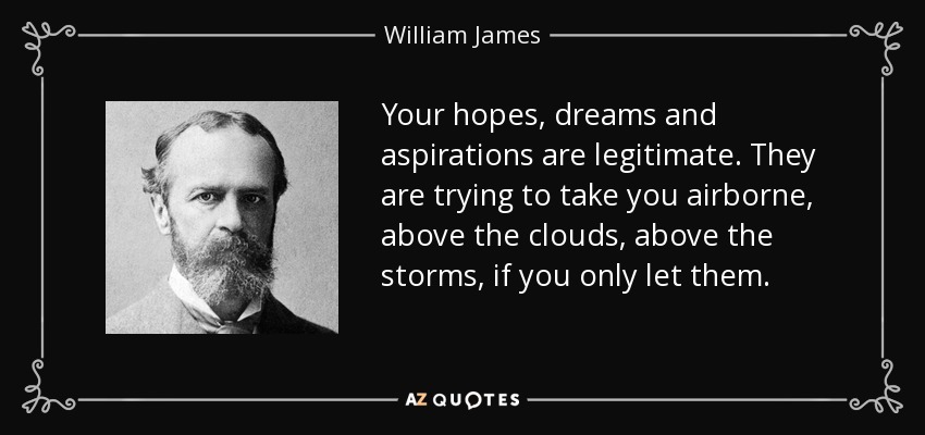 Your hopes, dreams and aspirations are legitimate. They are trying to take you airborne, above the clouds, above the storms, if you only let them. - William James