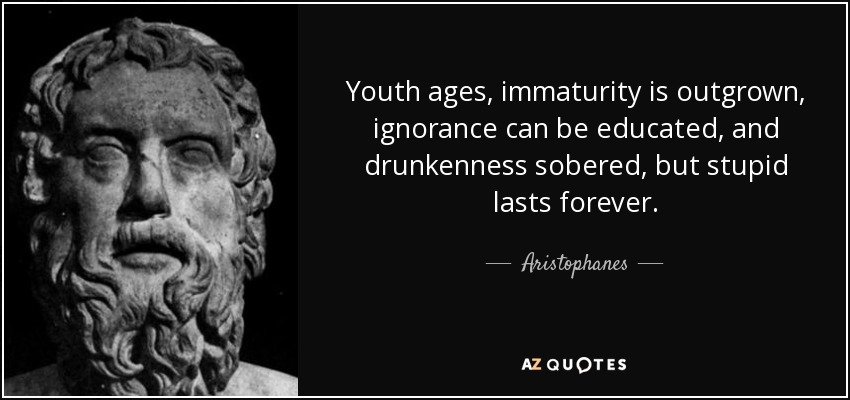 Youth ages, immaturity is outgrown, ignorance can be educated, and drunkenness sobered, but stupid lasts forever. - Aristophanes