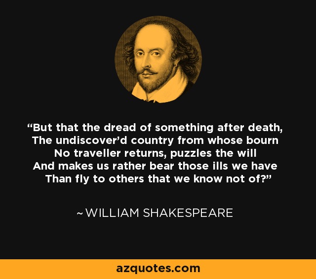 But that the dread of something after death, The undiscover'd country from whose bourn No traveller returns, puzzles the will And makes us rather bear those ills we have Than fly to others that we know not of? - William Shakespeare