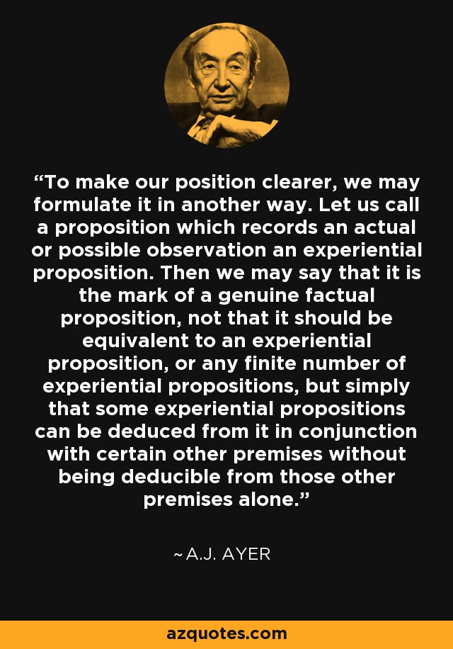 To make our position clearer, we may formulate it in another way. Let us call a proposition which records an actual or possible observation an experiential proposition. Then we may say that it is the mark of a genuine factual proposition, not that it should be equivalent to an experiential proposition, or any finite number of experiential propositions, but simply that some experiential propositions can be deduced from it in conjunction with certain other premises without being deducible from those other premises alone. - A.J. Ayer