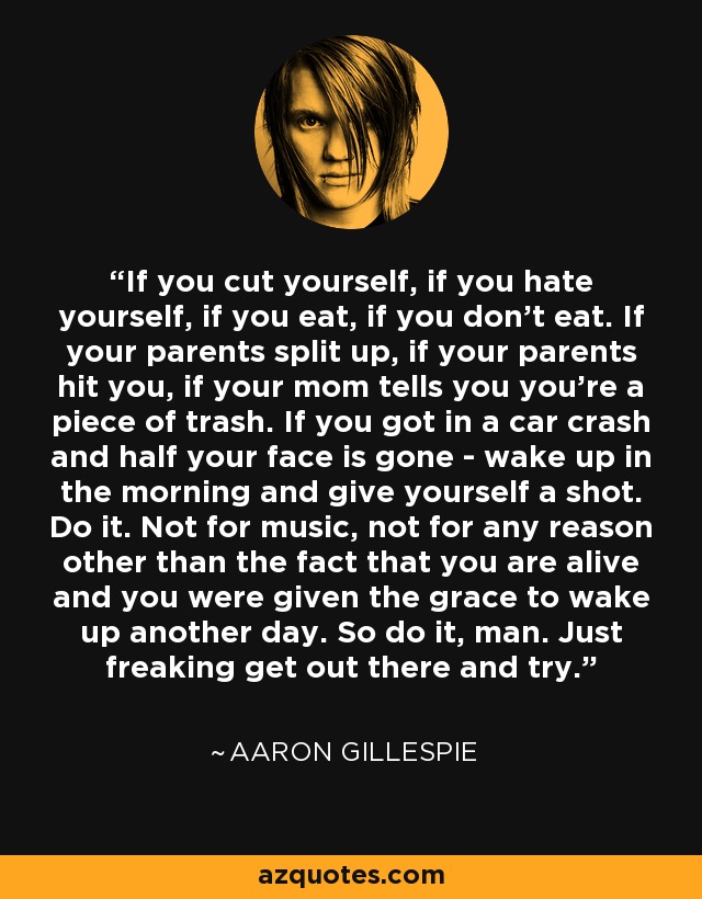 If you cut yourself, if you hate yourself, if you eat, if you don’t eat. If your parents split up, if your parents hit you, if your mom tells you you’re a piece of trash. If you got in a car crash and half your face is gone - wake up in the morning and give yourself a shot. Do it. Not for music, not for any reason other than the fact that you are alive and you were given the grace to wake up another day. So do it, man. Just freaking get out there and try. - Aaron Gillespie