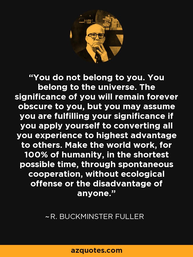 You do not belong to you. You belong to the universe. The significance of you will remain forever obscure to you, but you may assume you are fulfilling your significance if you apply yourself to converting all you experience to highest advantage to others. Make the world work, for 100% of humanity, in the shortest possible time, through spontaneous cooperation, without ecological offense or the disadvantage of anyone. - R. Buckminster Fuller