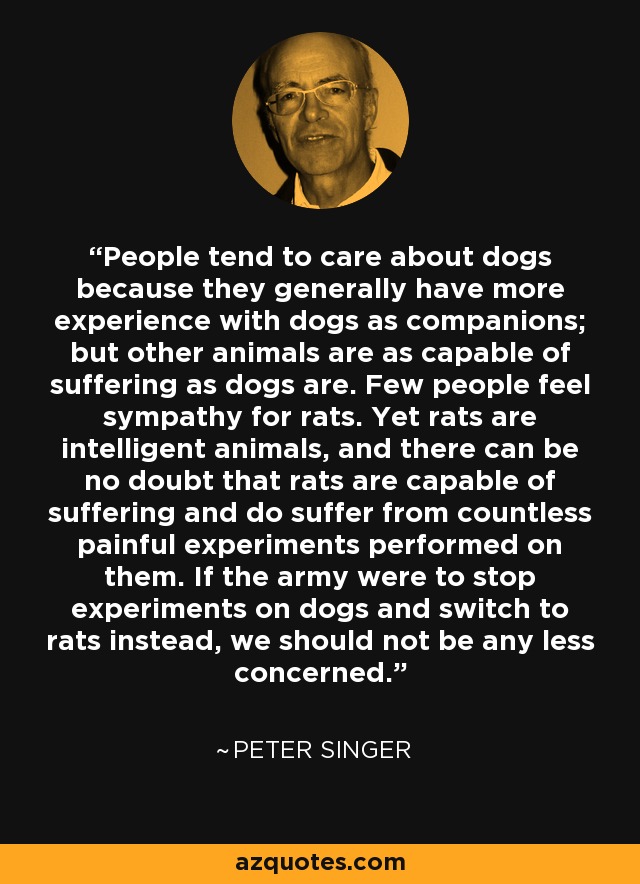 People tend to care about dogs because they generally have more experience with dogs as companions; but other animals are as capable of suffering as dogs are. Few people feel sympathy for rats. Yet rats are intelligent animals, and there can be no doubt that rats are capable of suffering and do suffer from countless painful experiments performed on them. If the army were to stop experiments on dogs and switch to rats instead, we should not be any less concerned. - Peter Singer