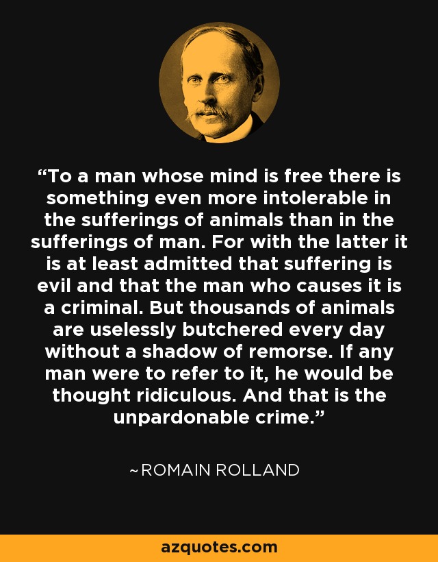 To a man whose mind is free there is something even more intolerable in the sufferings of animals than in the sufferings of man. For with the latter it is at least admitted that suffering is evil and that the man who causes it is a criminal. But thousands of animals are uselessly butchered every day without a shadow of remorse. If any man were to refer to it, he would be thought ridiculous. And that is the unpardonable crime. - Romain Rolland