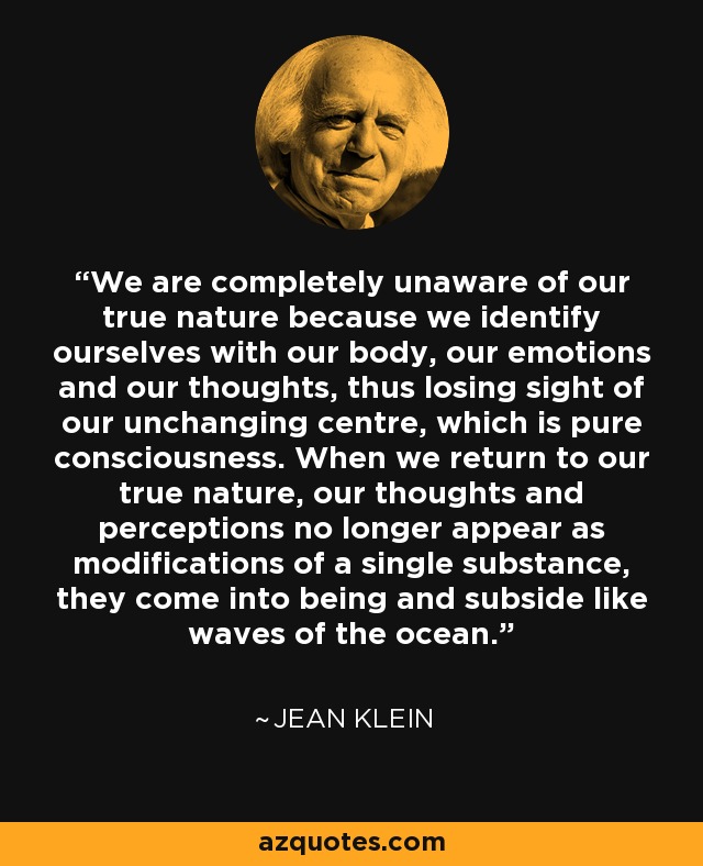 We are completely unaware of our true nature because we identify ourselves with our body, our emotions and our thoughts, thus losing sight of our unchanging centre, which is pure consciousness. When we return to our true nature, our thoughts and perceptions no longer appear as modifications of a single substance, they come into being and subside like waves of the ocean. - Jean Klein