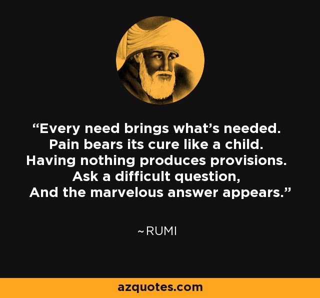 Every need brings what's needed. Pain bears its cure like a child. Having nothing produces provisions. Ask a difficult question, And the marvelous answer appears. - Rumi