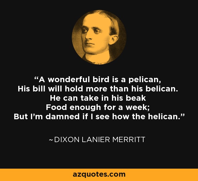 A wonderful bird is a pelican, His bill will hold more than his belican. He can take in his beak Food enough for a week; But I'm damned if I see how the helican. - Dixon Lanier Merritt