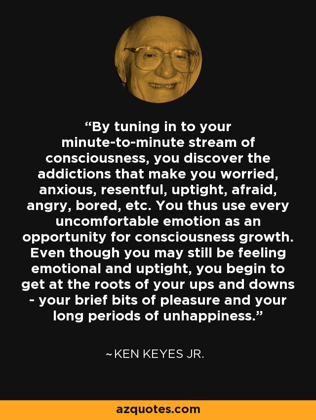 By tuning in to your minute-to-minute stream of consciousness, you discover the addictions that make you worried, anxious, resentful, uptight, afraid, angry, bored, etc. You thus use every uncomfortable emotion as an opportunity for consciousness growth. Even though you may still be feeling emotional and uptight, you begin to get at the roots of your ups and downs - your brief bits of pleasure and your long periods of unhappiness. - Ken Keyes Jr.