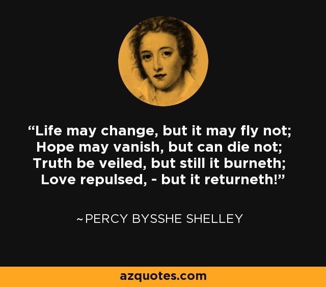 Life may change, but it may fly not; Hope may vanish, but can die not; Truth be veiled, but still it burneth; Love repulsed, - but it returneth! - Percy Bysshe Shelley