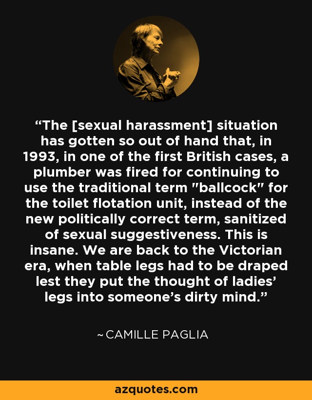 The [sexual harassment] situation has gotten so out of hand that, in 1993, in one of the first British cases, a plumber was fired for continuing to use the traditional term 