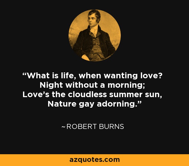 What is life, when wanting love? Night without a morning; Love's the cloudless summer sun, Nature gay adorning. - Robert Burns
