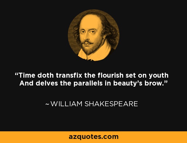 Time doth transfix the flourish set on youth And delves the parallels in beauty's brow. - William Shakespeare