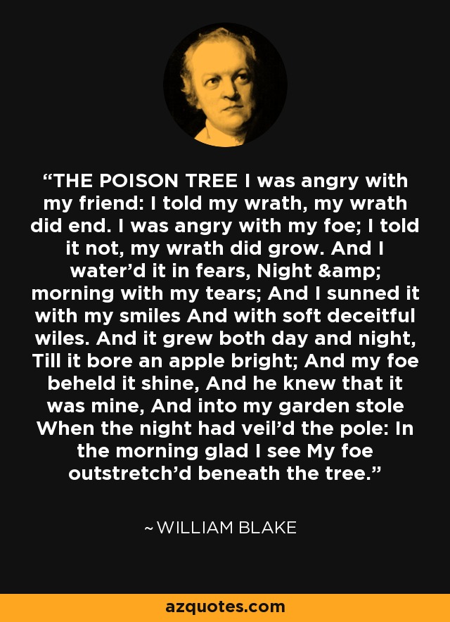 THE POISON TREE I was angry with my friend: I told my wrath, my wrath did end. I was angry with my foe; I told it not, my wrath did grow. And I water'd it in fears, Night & morning with my tears; And I sunned it with my smiles And with soft deceitful wiles. And it grew both day and night, Till it bore an apple bright; And my foe beheld it shine, And he knew that it was mine, And into my garden stole When the night had veil'd the pole: In the morning glad I see My foe outstretch'd beneath the tree. - William Blake