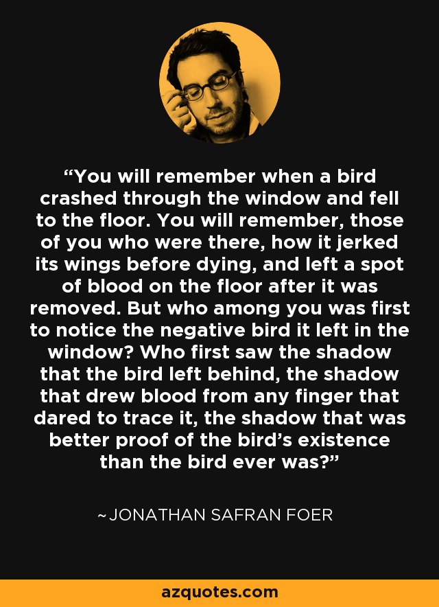 You will remember when a bird crashed through the window and fell to the floor. You will remember, those of you who were there, how it jerked its wings before dying, and left a spot of blood on the floor after it was removed. But who among you was first to notice the negative bird it left in the window? Who first saw the shadow that the bird left behind, the shadow that drew blood from any finger that dared to trace it, the shadow that was better proof of the bird's existence than the bird ever was? - Jonathan Safran Foer