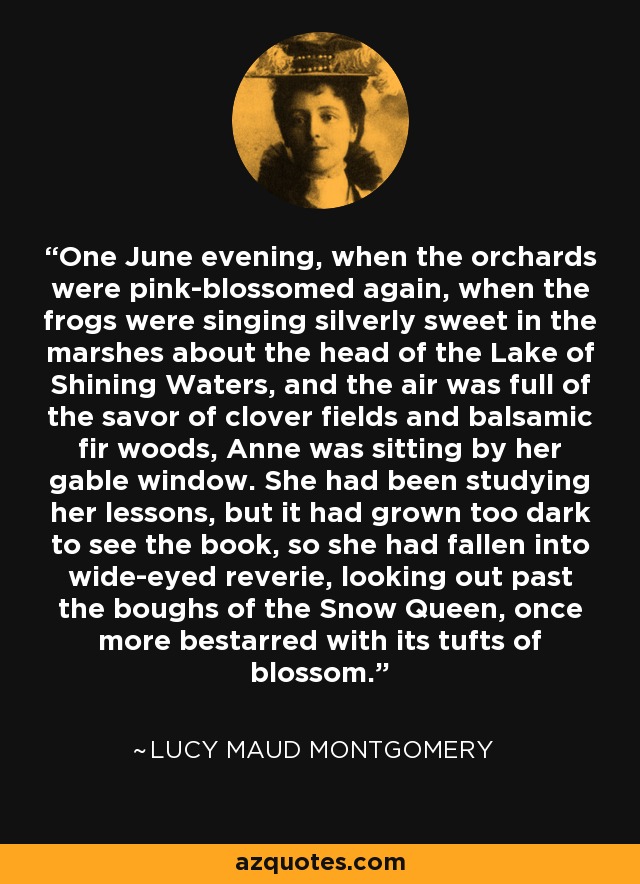 One June evening, when the orchards were pink-blossomed again, when the frogs were singing silverly sweet in the marshes about the head of the Lake of Shining Waters, and the air was full of the savor of clover fields and balsamic fir woods, Anne was sitting by her gable window. She had been studying her lessons, but it had grown too dark to see the book, so she had fallen into wide-eyed reverie, looking out past the boughs of the Snow Queen, once more bestarred with its tufts of blossom. - Lucy Maud Montgomery