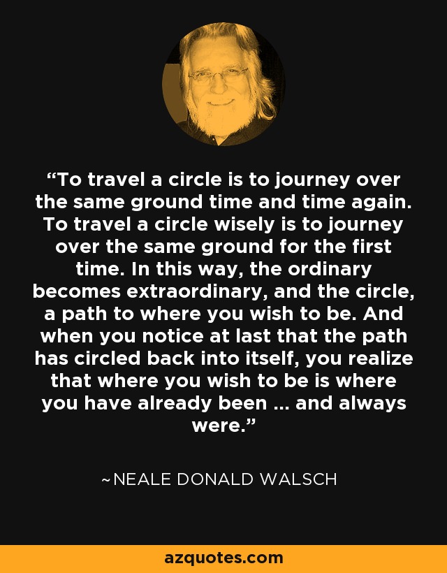 To travel a circle is to journey over the same ground time and time again. To travel a circle wisely is to journey over the same ground for the first time. In this way, the ordinary becomes extraordinary, and the circle, a path to where you wish to be. And when you notice at last that the path has circled back into itself, you realize that where you wish to be is where you have already been ... and always were. - Neale Donald Walsch