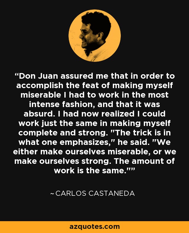 Don Juan assured me that in order to accomplish the feat of making myself miserable I had to work in the most intense fashion, and that it was absurd. I had now realized I could work just the same in making myself complete and strong. 