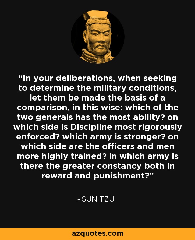 In your deliberations, when seeking to determine the military conditions, let them be made the basis of a comparison, in this wise: which of the two generals has the most ability? on which side is Discipline most rigorously enforced? which army is stronger? on which side are the officers and men more highly trained? in which army is there the greater constancy both in reward and punishment? - Sun Tzu